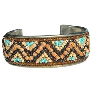Vintage Y2K Brown Cream Turquoise Western Boho Beaded Adjustable Cuff Bracelet